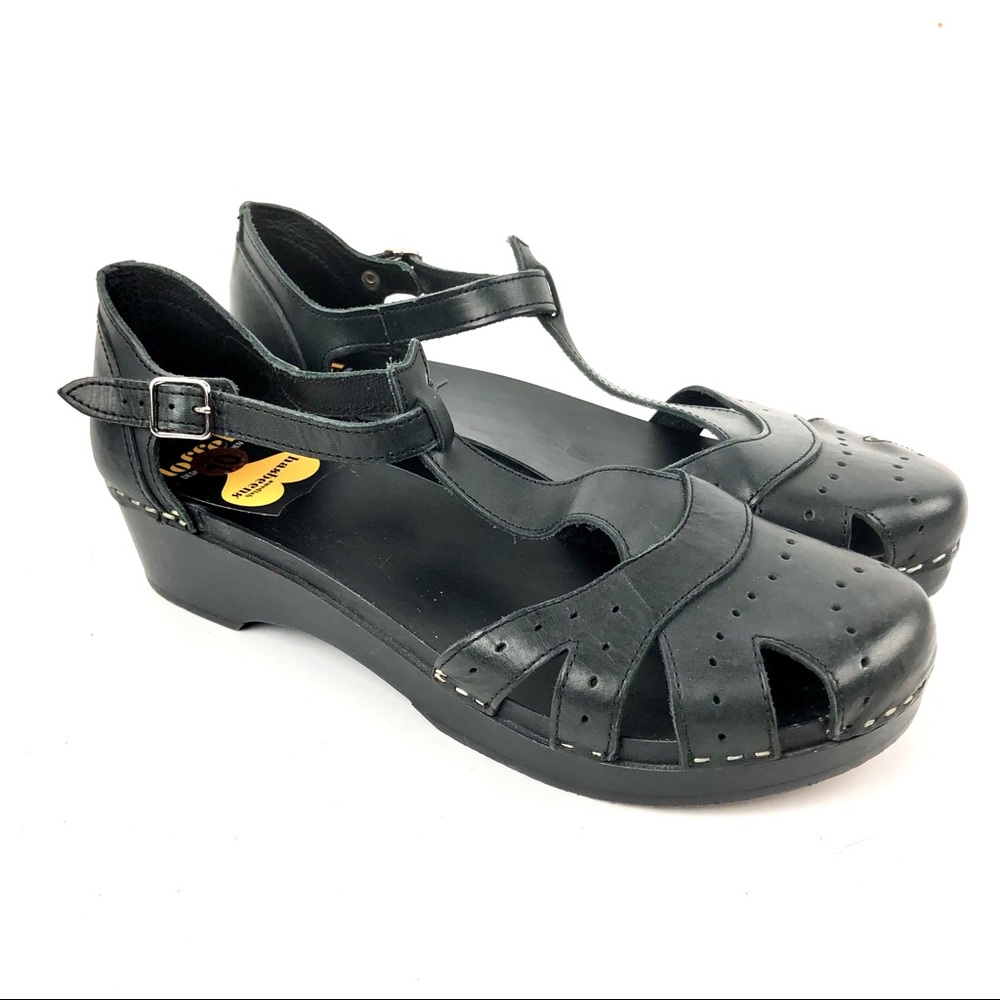 Swedish Hasbeens Toffel Black Leather Sandals 41